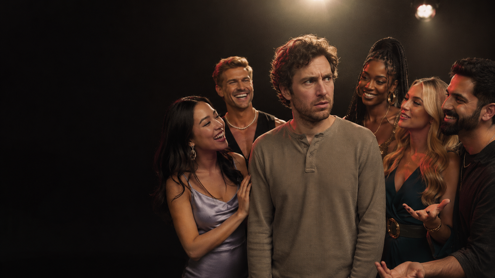 A confused contestant surrounded by smiling performers
