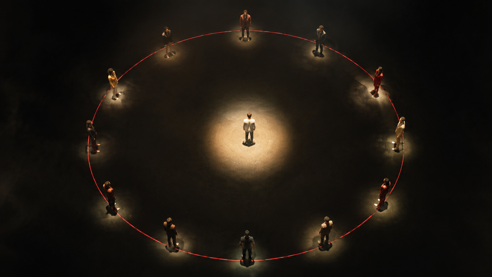 One contestant alone inside a circle of performers
