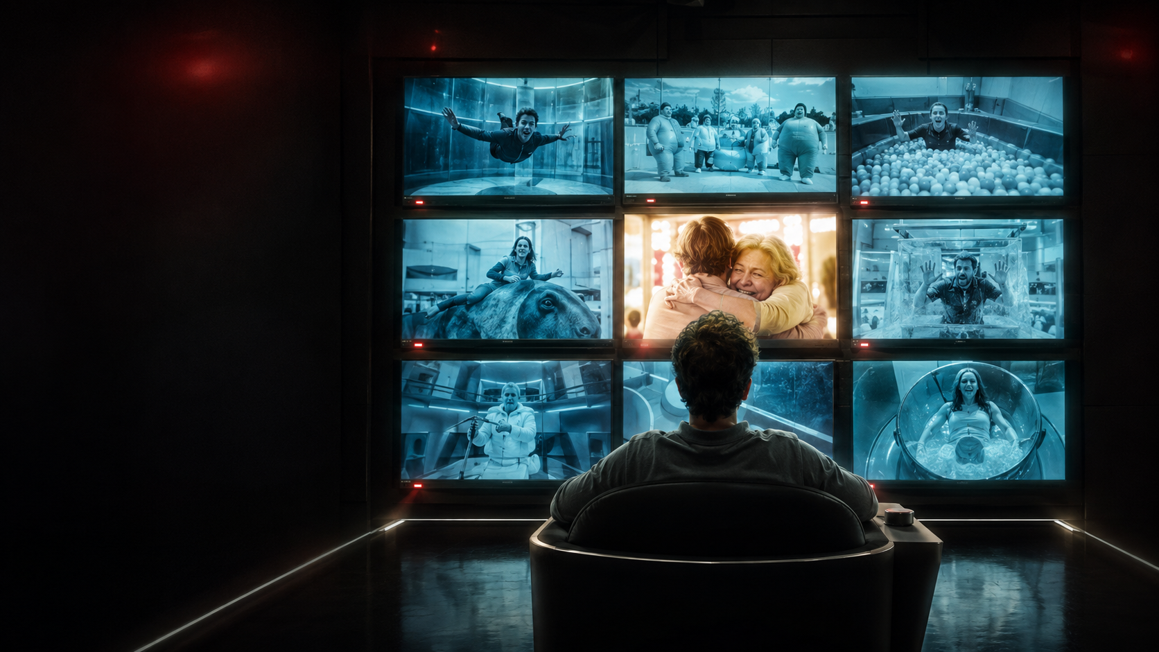 A contestant watches truth and fiction on a wall of monitors